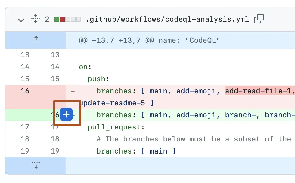 Pull request 當中的修改差異擷圖。 在行號旁邊，有一個橘色外框強調的藍色加號圖示。